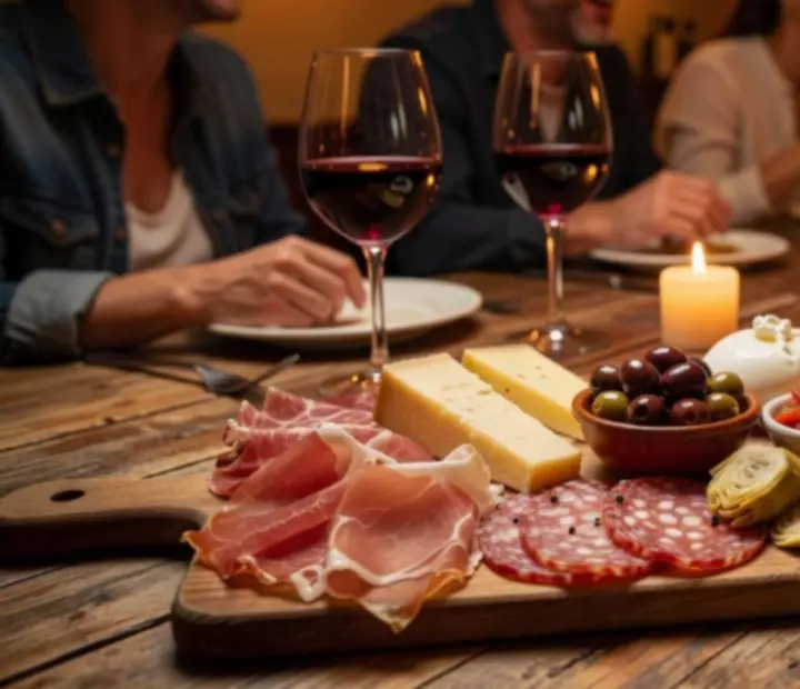 Antipasti board with Italian cured meats, cheeses and vegetables