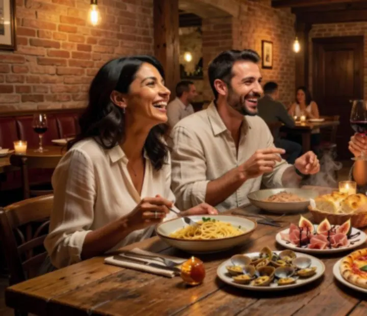Guests smiling and enjoying a group celebration in the restaurant