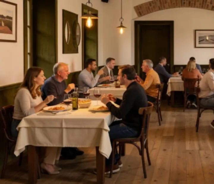 Warm Italian-style dining room at All Dine Grill with wooden tables and soft lighting