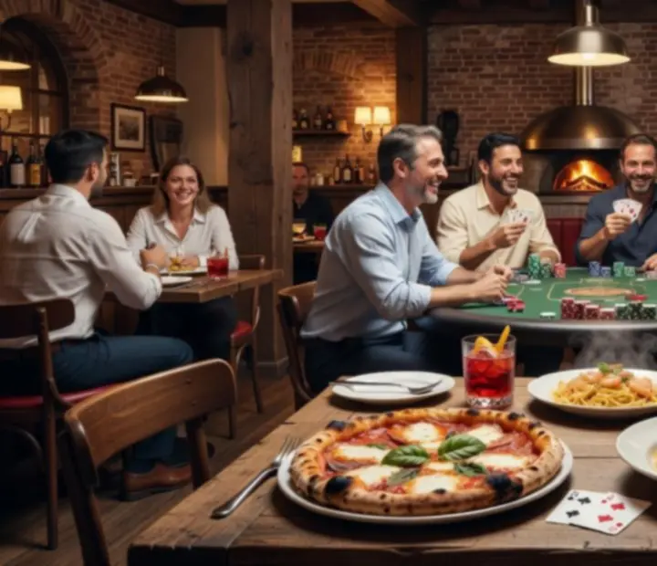 Collage of Italian dishes, rustic interiors and friendly poker nights at All Dine Grill