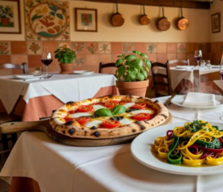 A rustic table set with Italian pasta dishes and wine at All Dine Grill