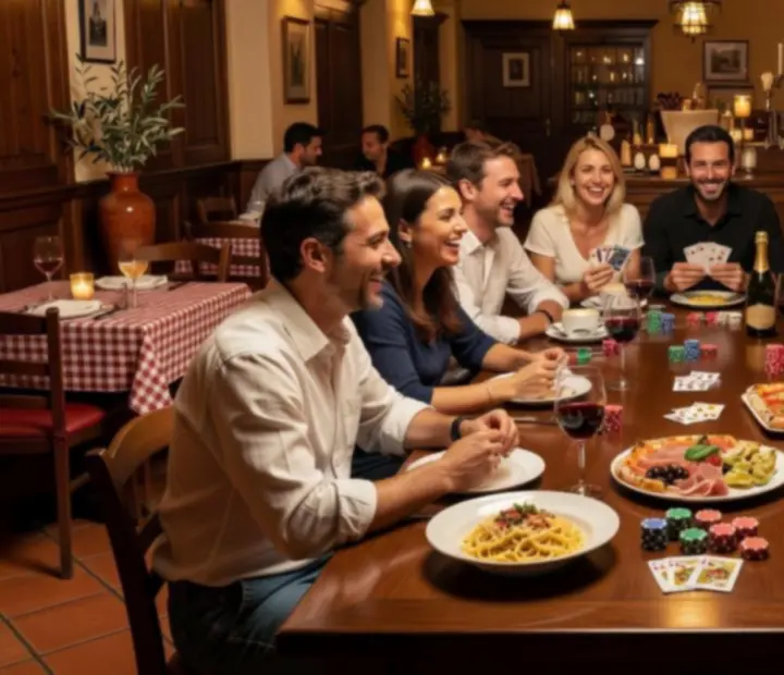 Guests enjoying an offline poker night in a cozy Italian restaurant setting