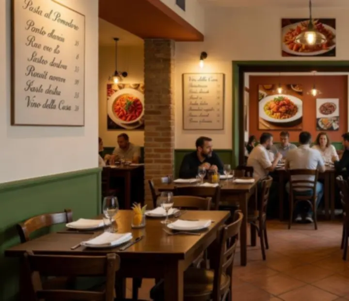 Cozy Italian trattoria style interior of All Dine Grill with warm lighting