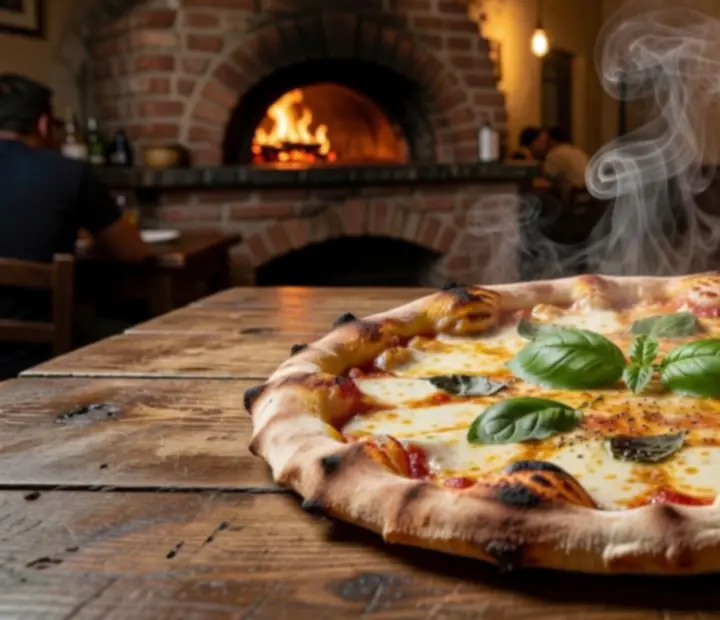 Handcrafted wood-fired pizzas served on a rustic table