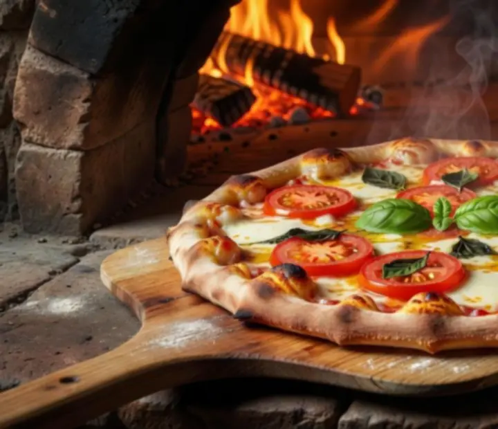 Wood-fired pizza emerging from the oven at All Dine Grill